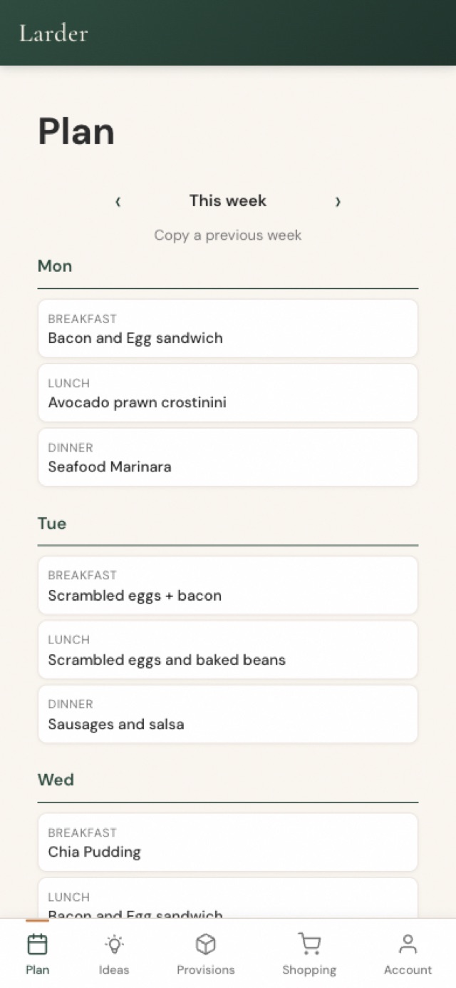 Larder's week plan: meals assigned across the days of the week